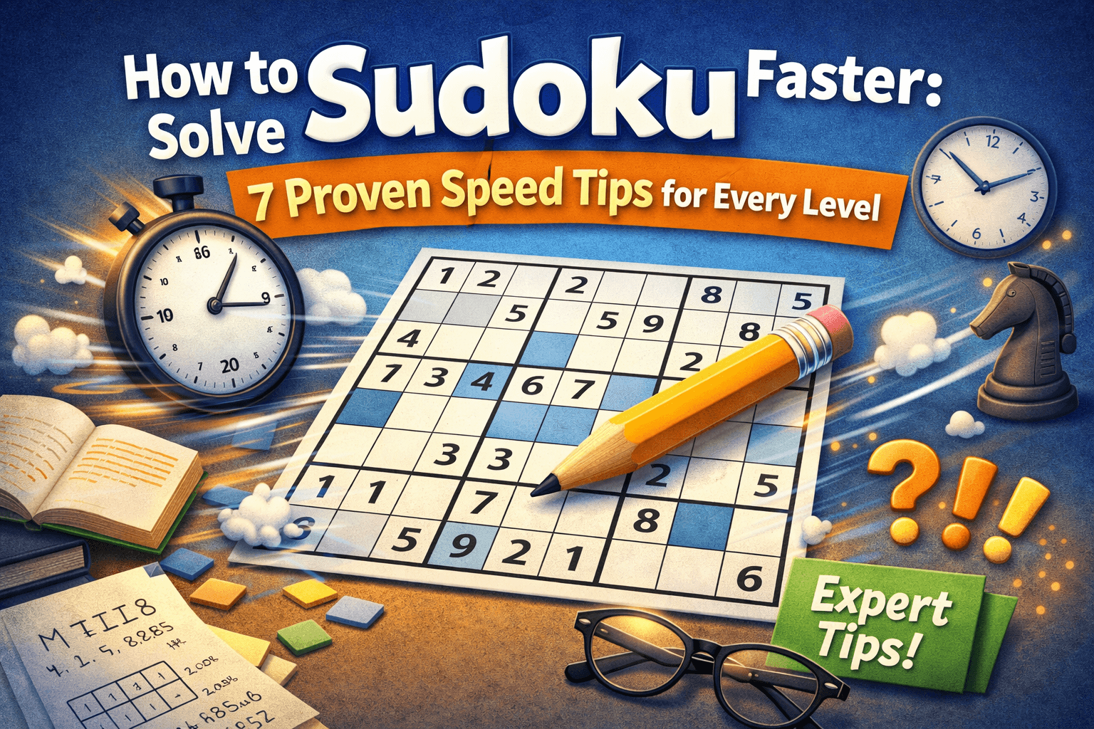 Sudoku-Gitter mit einer Stoppuhr zur Veranschaulichung von Speed-Solving-Techniken